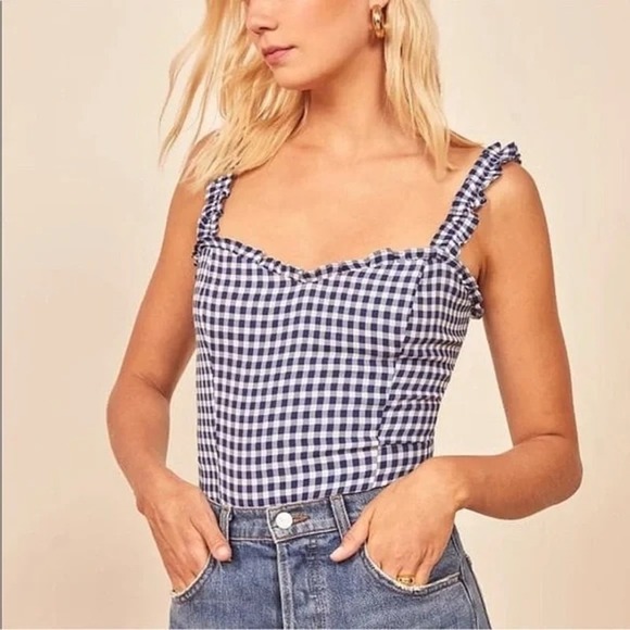 Reformation Tops - Reformation Top Womens 2 Havana Gingham Check Navy White Ruffle Strap Sweetheart